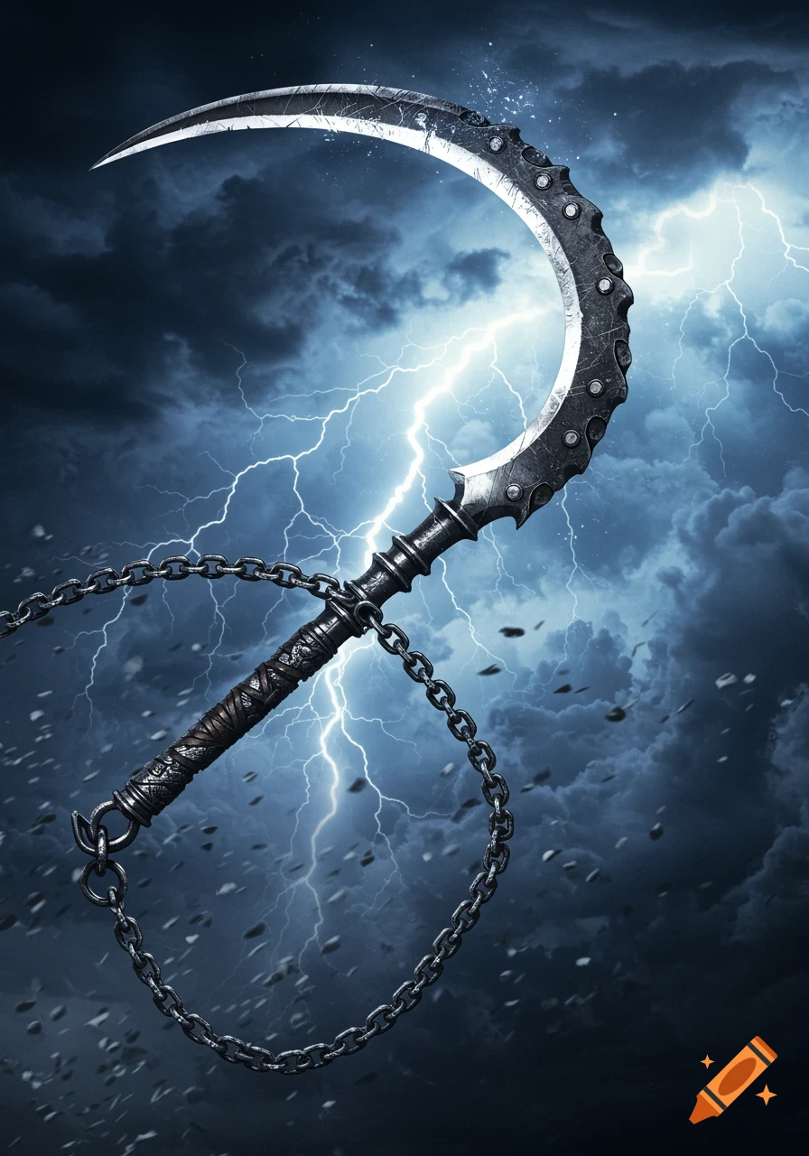 A detailed chain sickle against a dark, stormy sky with bright lightning bolts.