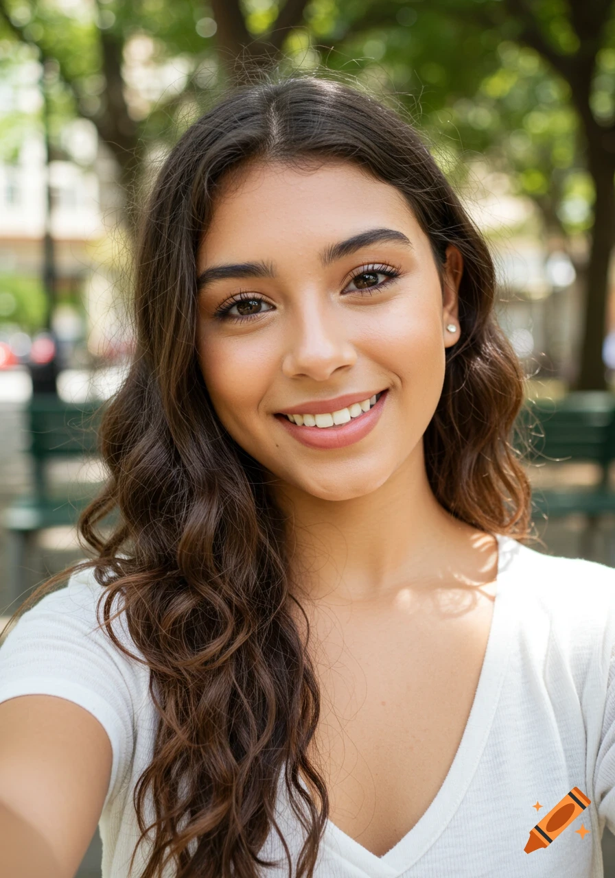 A beautiful young woman with long dark hair smiles at the camera in a photorealistic selfie taken outdoors.