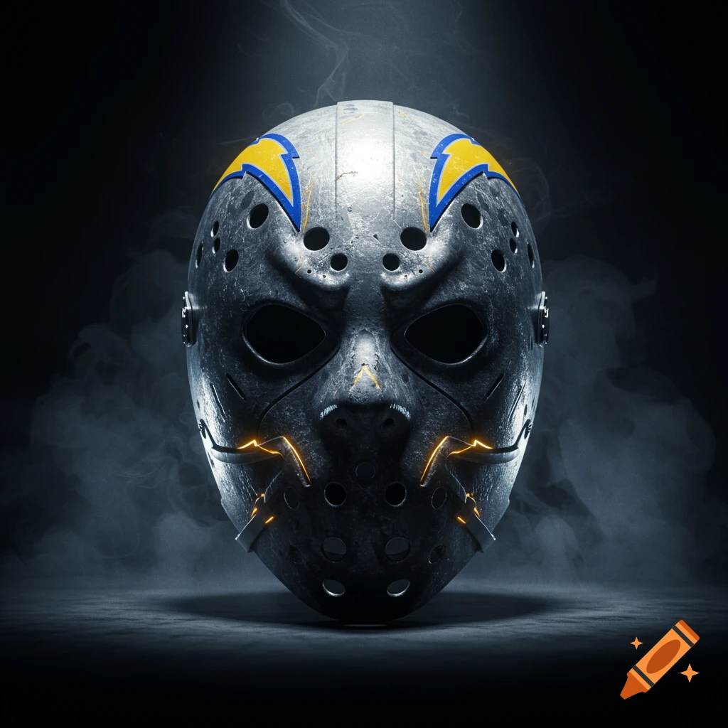 A metallic Jason-style hockey mask with a yellow and blue Chargers lightning bolt logo on a dark, smoky background.