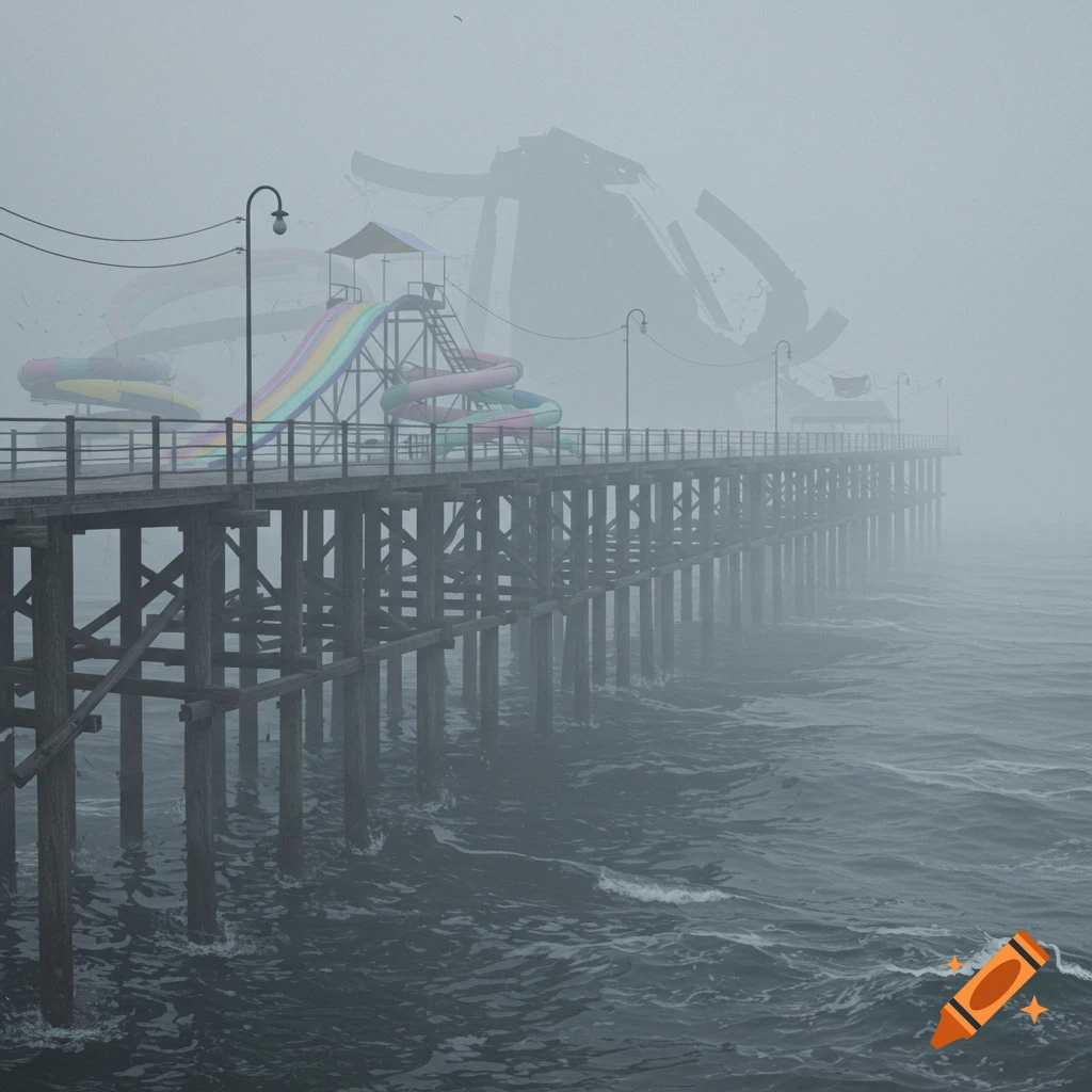 An eerie, foggy scene of a long wooden pier with desaturated water slides extending into a grey, wavy sea, with a broken structure barely visible in the distant mist.
