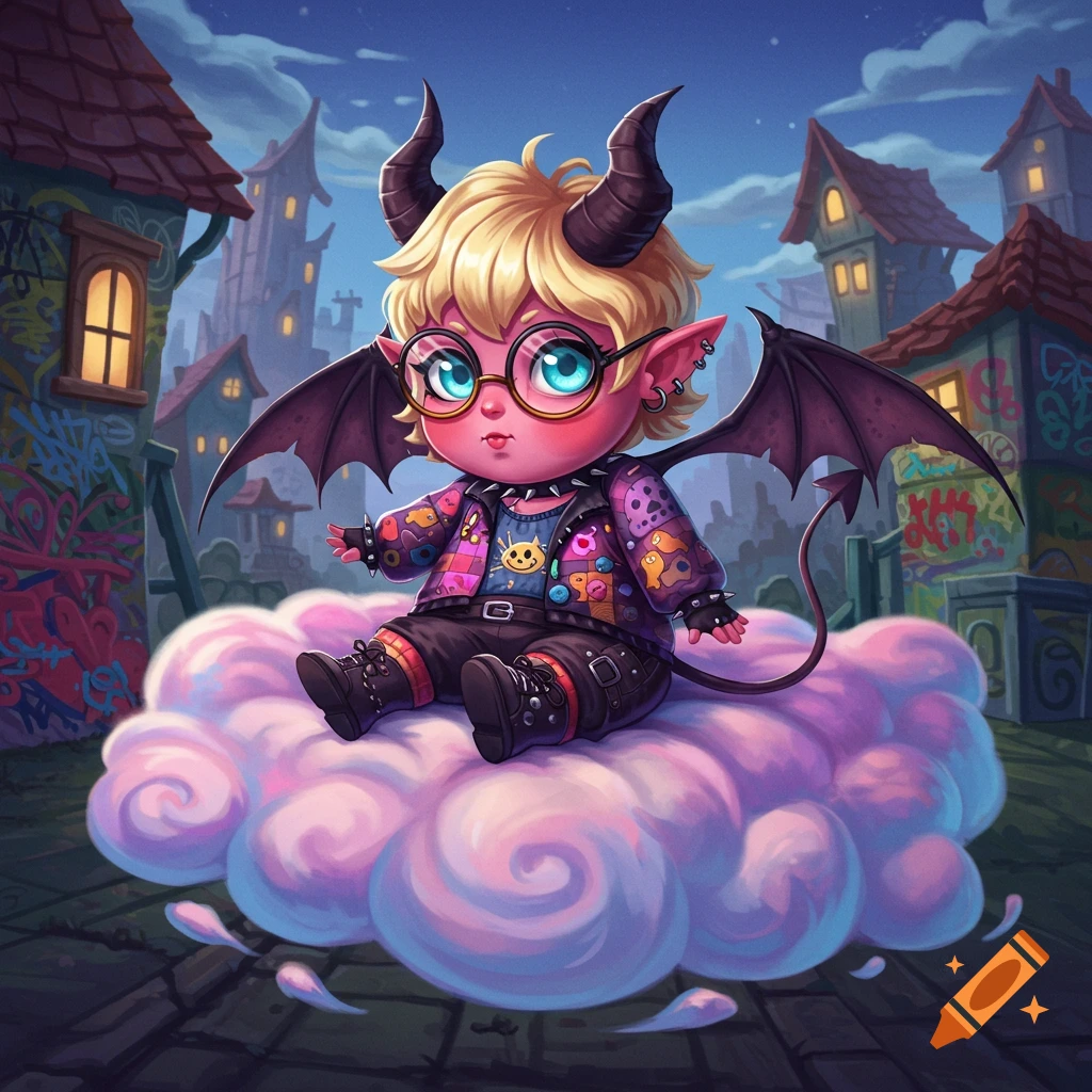A cute, chibi demon with blonde hair, horns, wings, and glasses sits on a pink cloud above a city at night in a cartoon style.