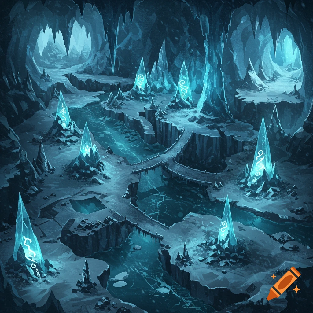 A top-down digital painting of a glowing blue ice cavern with frozen rivers, bridges, and rune-etched crystal pillars.