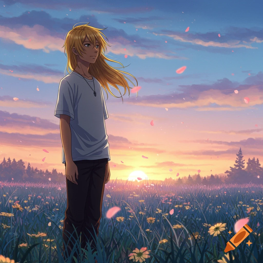 An anime boy with long blonde hair stands in a field of flowers at sunset with pink petals falling.