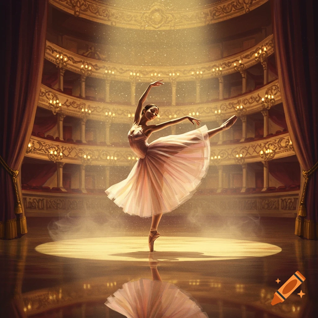 A ballerina gracefully dances en pointe under a spotlight on a grand theater stage.