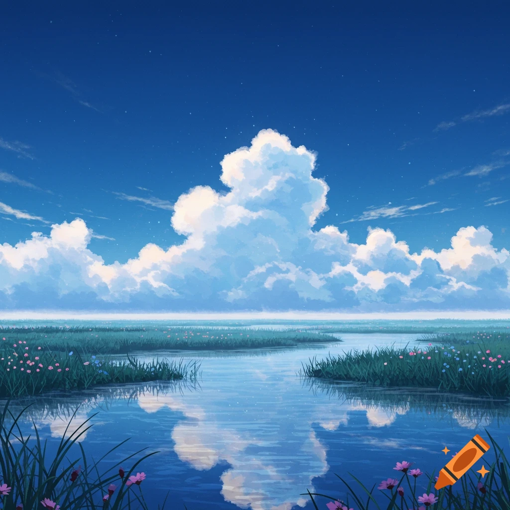 An anime-style landscape of a winding river through grassy plains with wildflowers under a blue sky with fluffy white clouds.