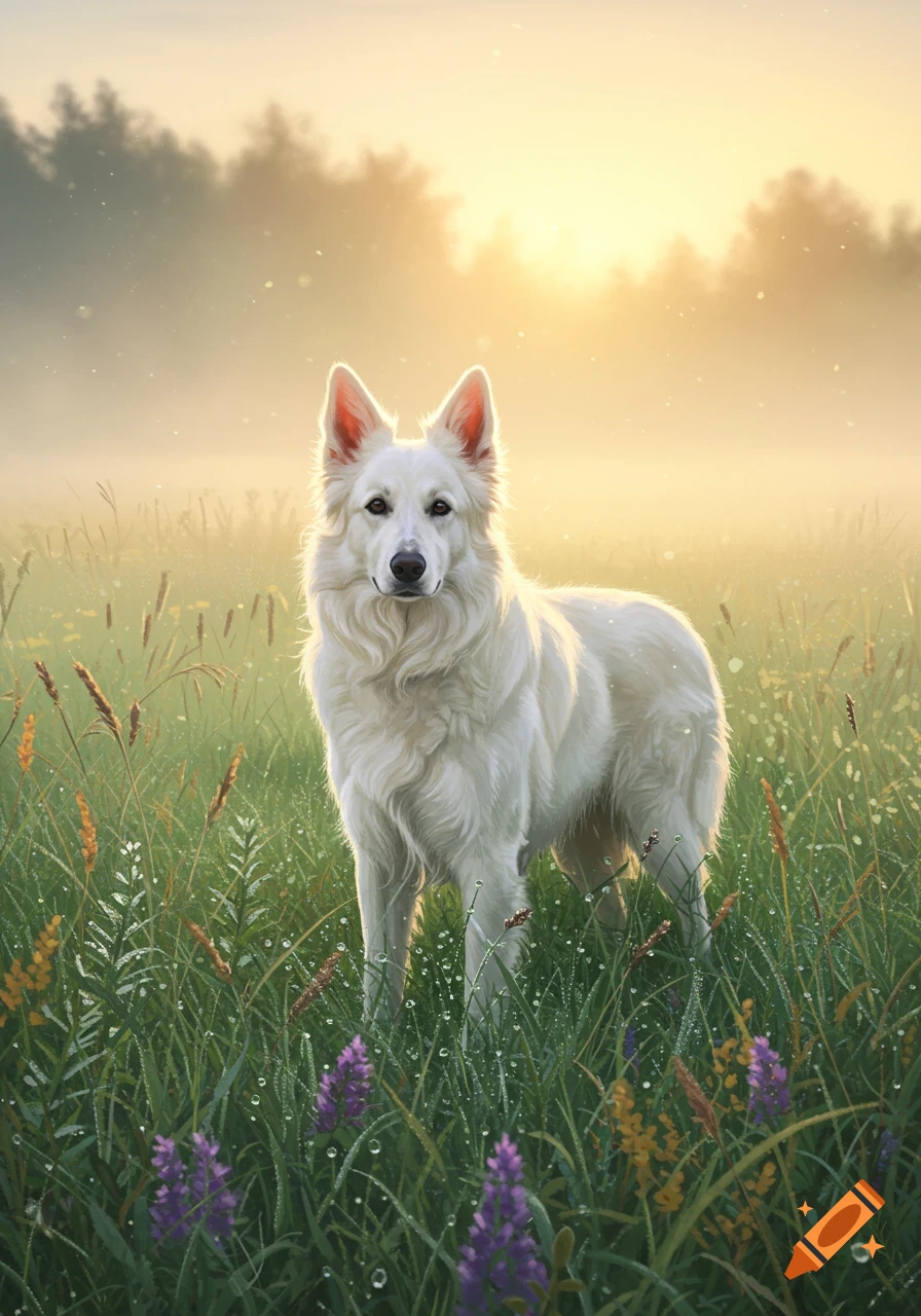 A white dog stands in a misty, dewy green field with purple and yellow flowers during sunrise, bathed in golden light.