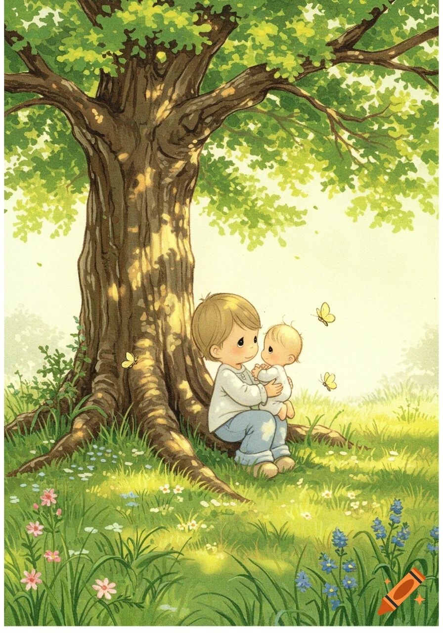 A larger child sits under a tree, holding a baby, surrounded by butterflies in a grassy, flowery field. Precious Moments style illustration.