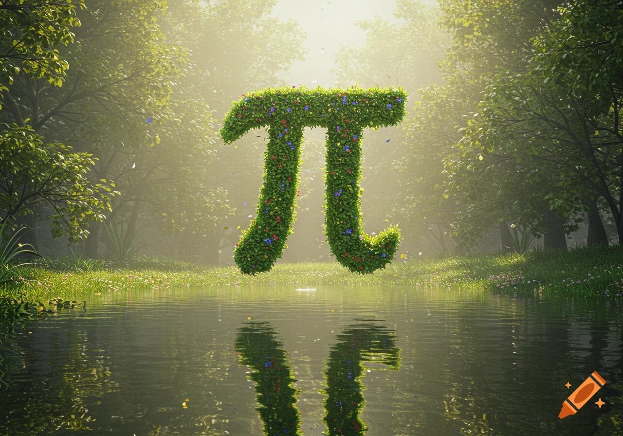A green foliage Pi symbol adorned with colorful flowers floats above reflective water in a misty, sunlit forest.