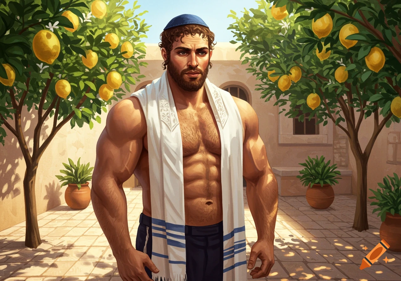 Muscular Jewish man wearing a kippah and tallit, standing in a sunny courtyard with lemon trees. Digital illustration.