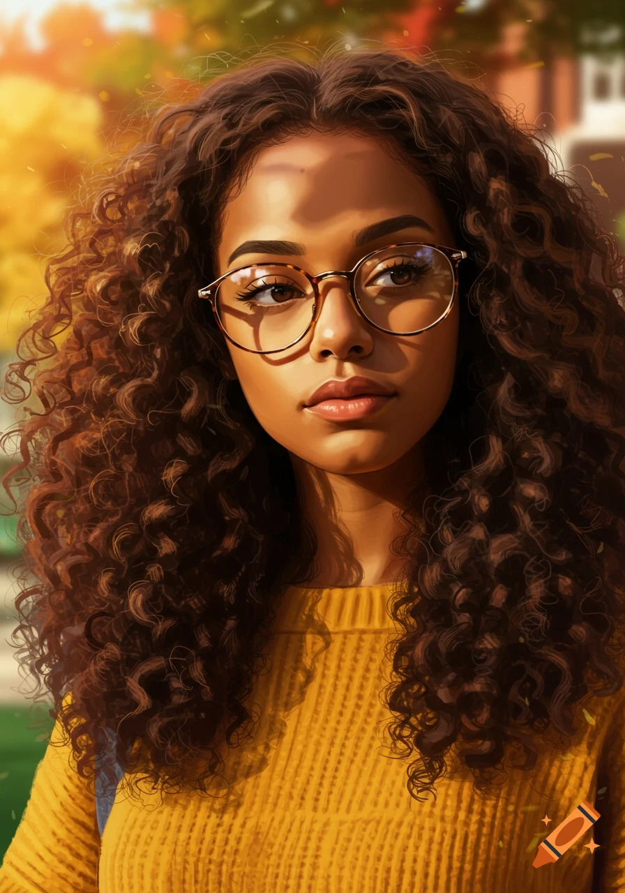 A close-up photorealistic portrait of a young Black woman with curly brown hair and glasses, wearing a yellow sweater, bathed in warm sunlight.