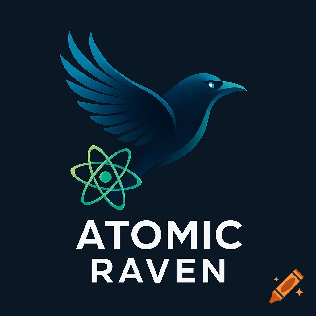 A dark blue raven logo with a glowing green atomic symbol below it, and white text 'ATOMIC RAVEN' on a dark background.