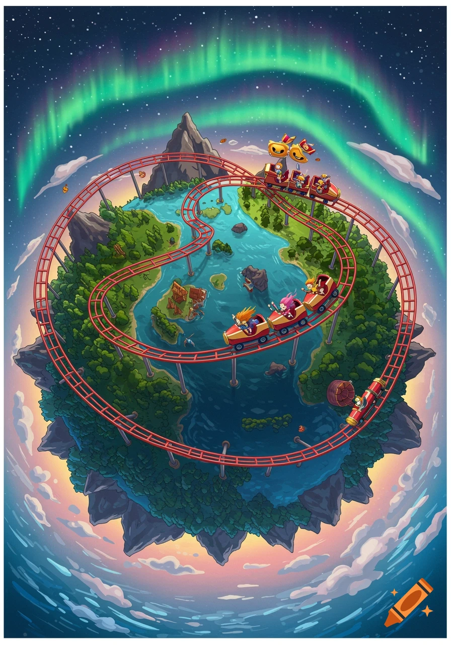 Whimsical cartoon illustration of a rollercoaster on a small world, with passengers, lakes, forests, and an aurora borealis.