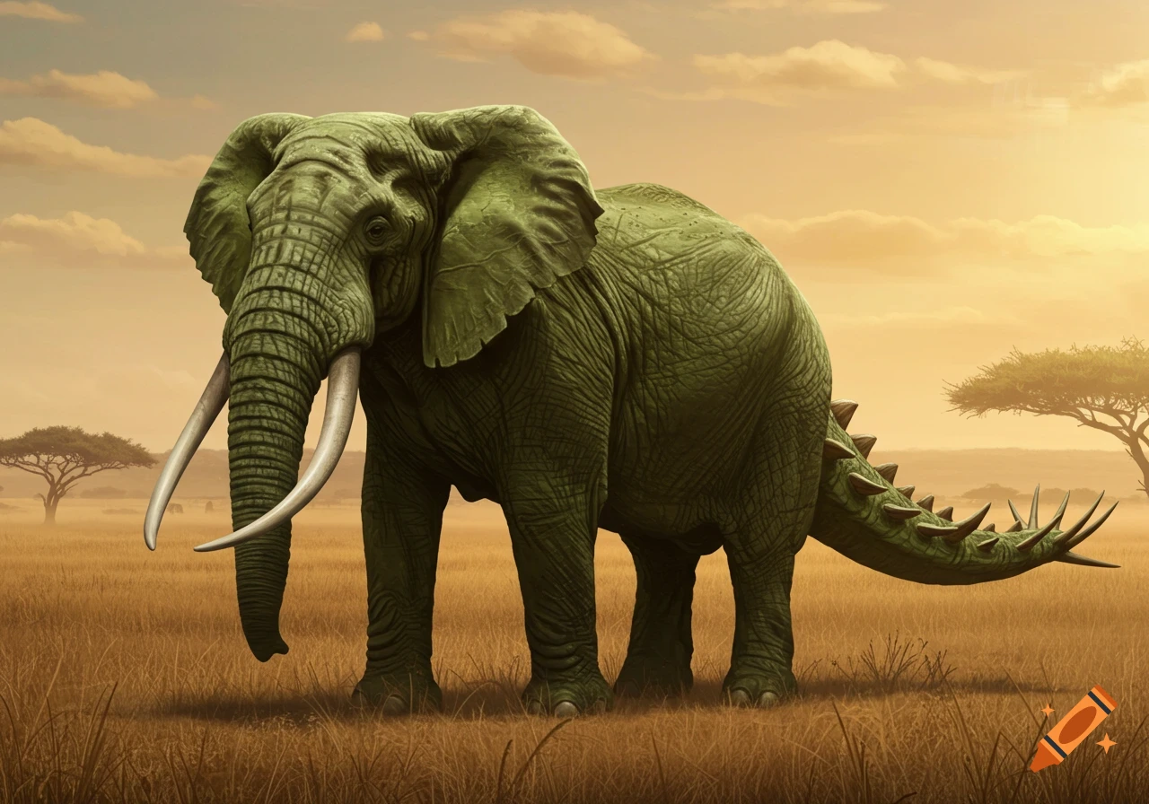 A large green elephant-like creature with long tusks and a spiky stegosaurus tail stands in a dry savanna under an orange sky.