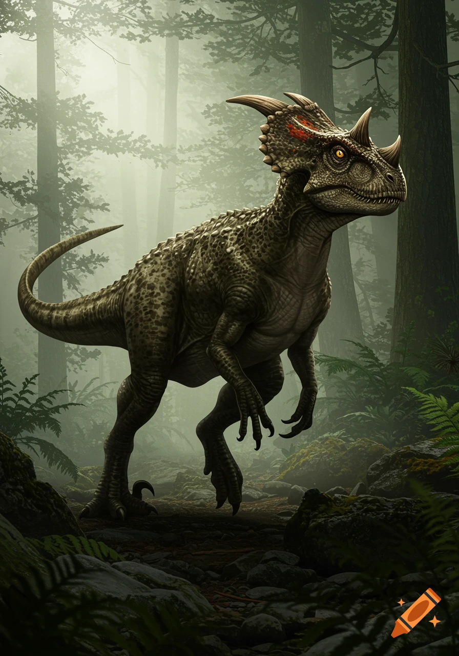 A photorealistic depiction of a horned dinosaur, possibly a Ceratosaurus and Utahraptor hybrid, standing in a misty prehistoric forest.