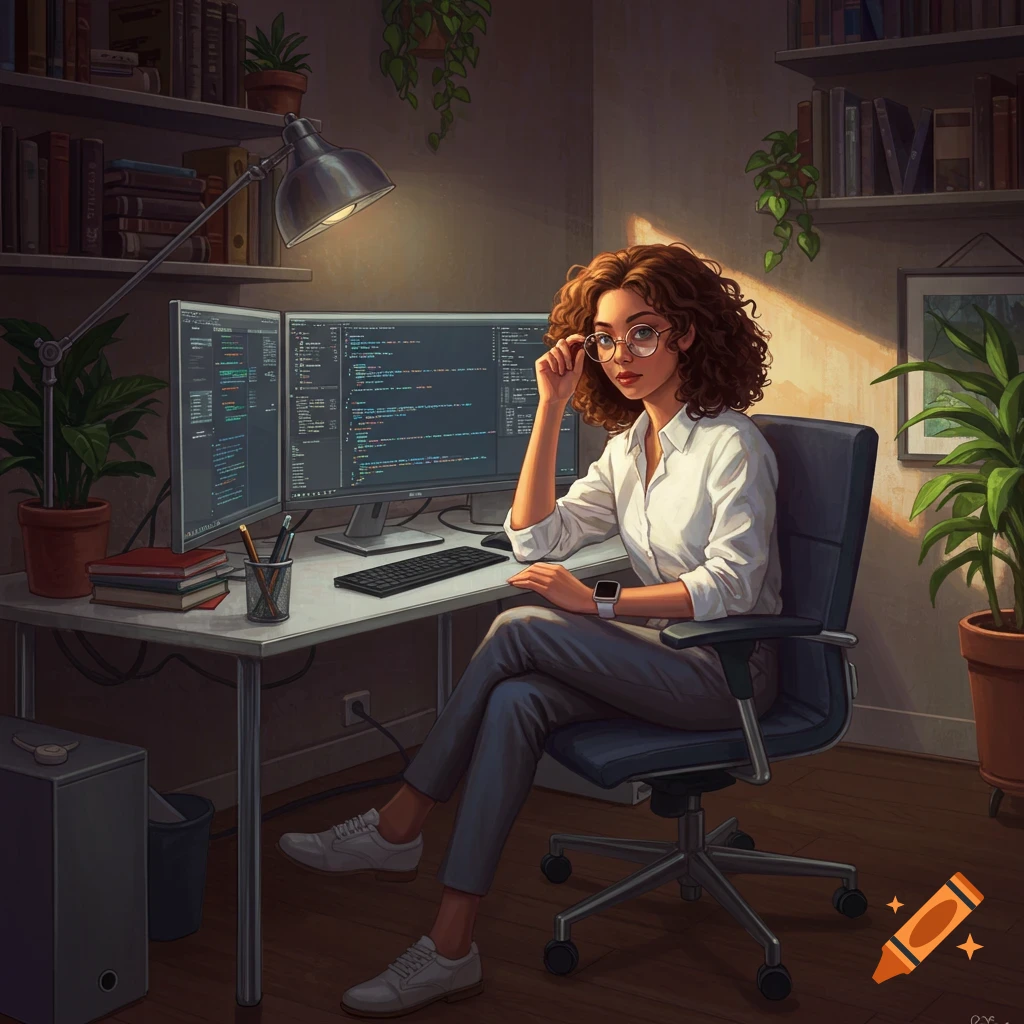 A curly-haired woman in glasses, wearing a white shirt and gray pants, sits at a desk with two computer monitors displaying code.