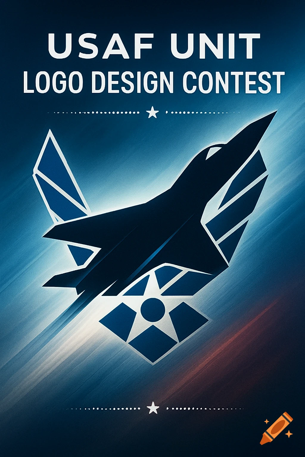 A blue and white poster for a USAF unit logo design contest, featuring a stylized fighter jet silhouette and the Air Force symbol.