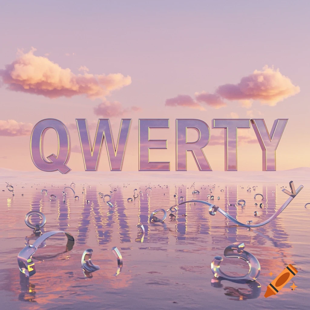 Large, reflective letters spelling QWERTY stand in calm water under a pastel sunset sky.