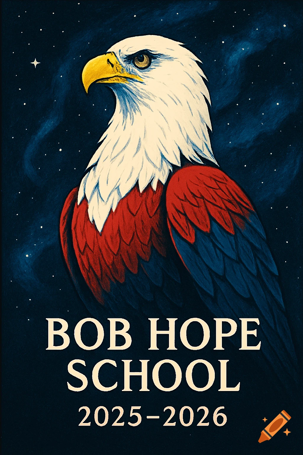 An illustration of a bald eagle with red, white, and blue feathers against a starry night sky, with the text 'BOB HOPE SCHOOL 2025-2026' below it.