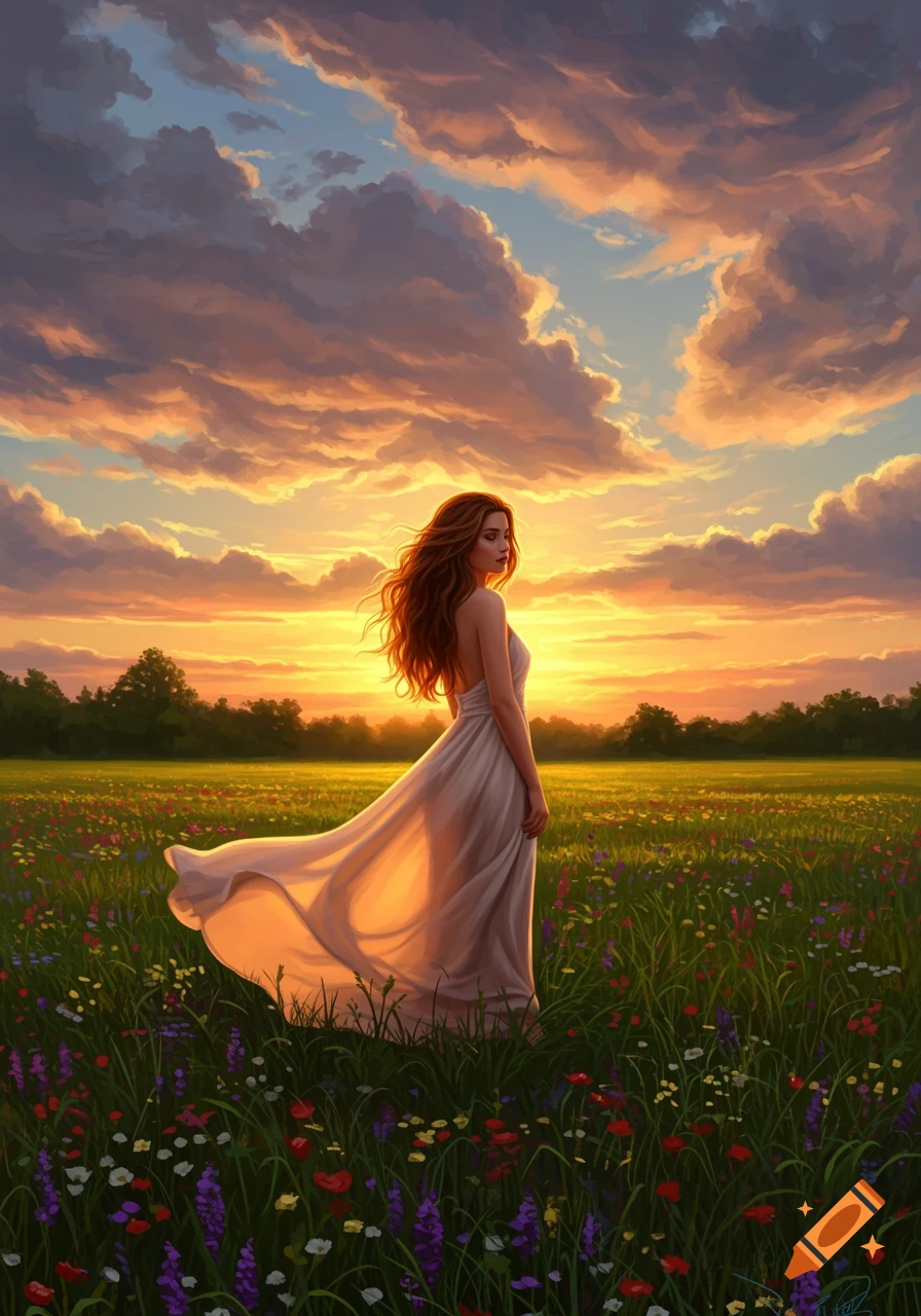 A beautiful woman with long hair in a flowing white dress stands in a field of wildflowers at sunset under a dramatic sky.