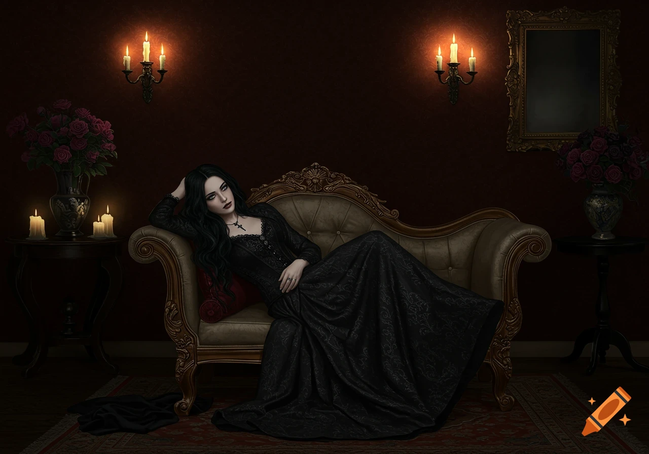 A gothic woman with long black hair and a dark dress reclines on an ornate sofa in a dimly lit room lit by candles.