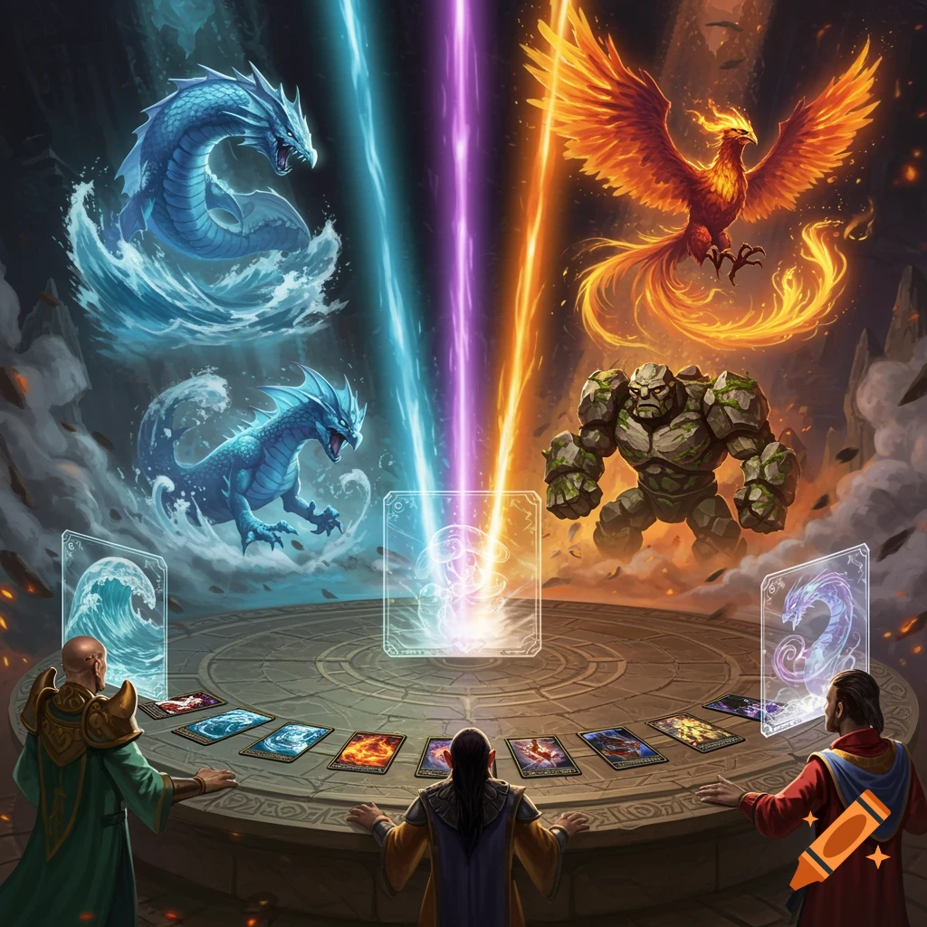 Two mages play a card game with elemental monsters. A water dragon, phoenix, and golem emerge from holographic cards and light beams.