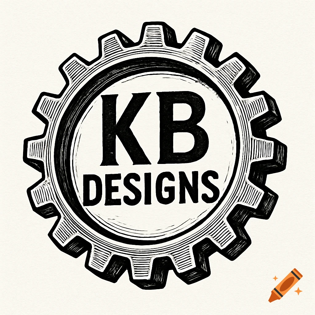 Black and white logo featuring 'KB DESIGNS' text inside a cogwheel.