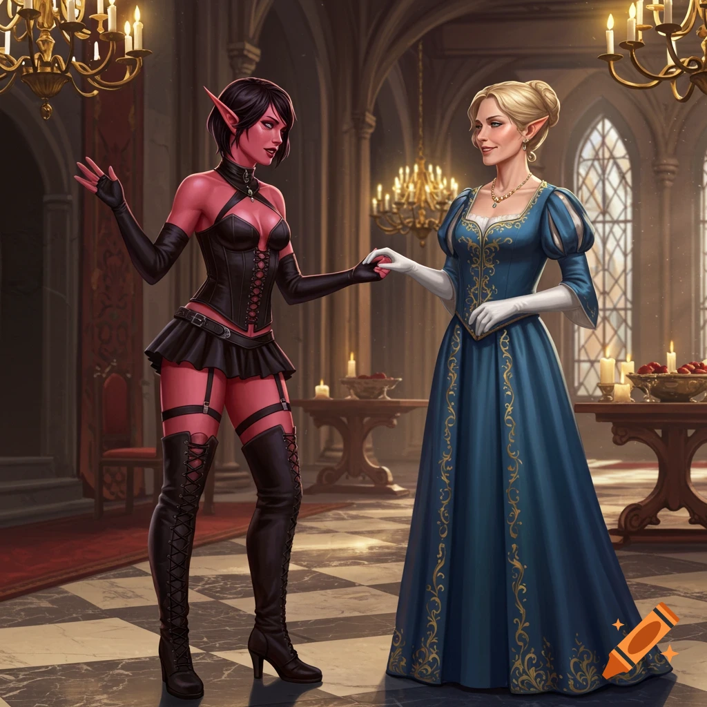 A red-skinned elf in a black corset and mini skirt holds hands with a blonde human woman in a blue noble dress, standing in a grand castle hall.