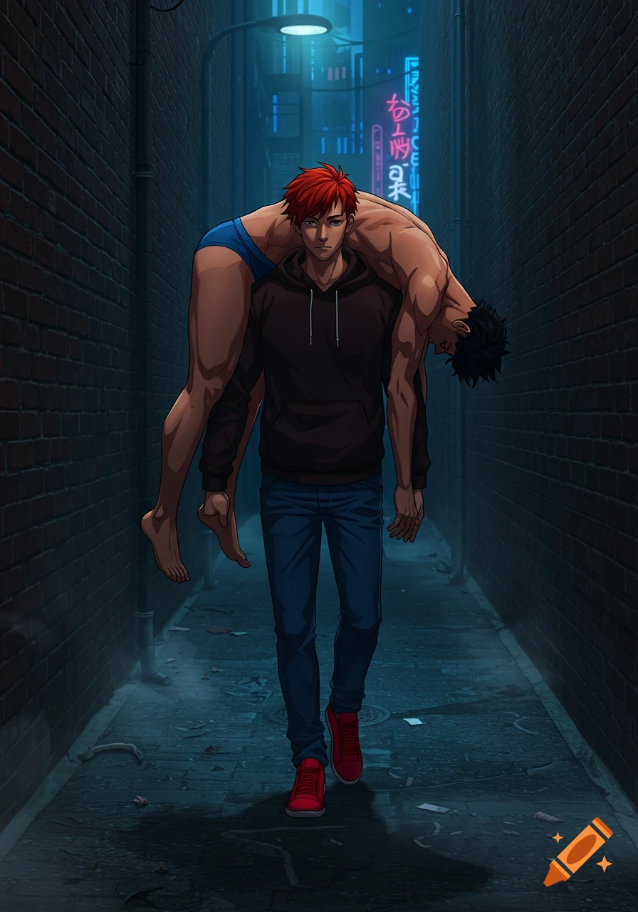 A red-haired anime man in a black hoodie and jeans carries an unconscious, muscular man in blue briefs over his shoulder in a dark, neon-lit alleyway.