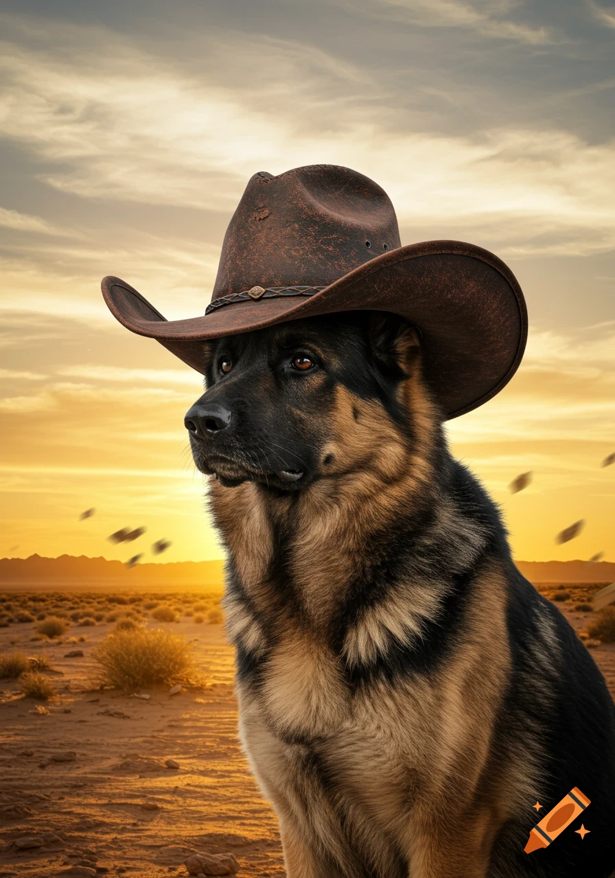 A German Shepherd dog wearing a brown cowboy hat sits in a vast desert landscape under a golden sunset sky.