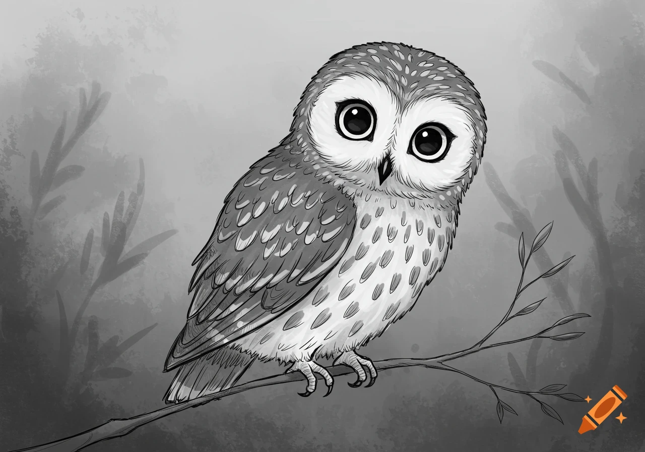A whimsical black and white illustration of a cute owl with large eyes perched on a branch.