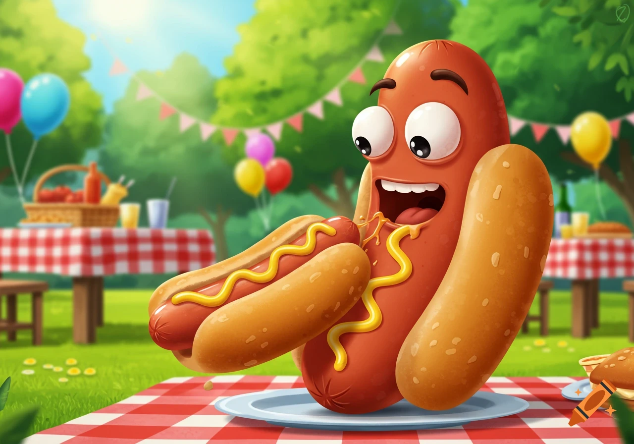 A happy cartoon hotdog character eats a hotdog with mustard at a sunny outdoor picnic.