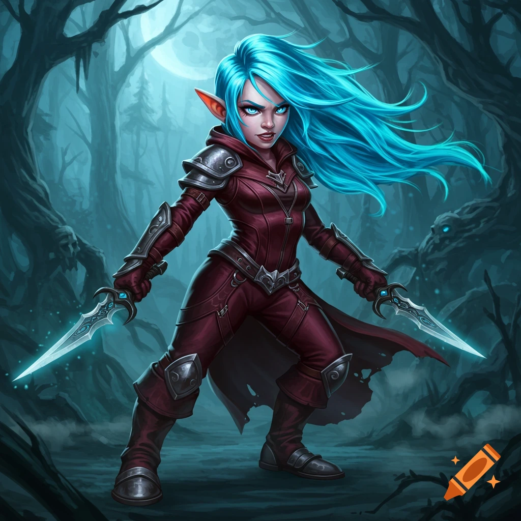 A determined gnome rogue with bright blue hair, wearing dark red armor, holding two glowing daggers in a moonlit fantasy forest.