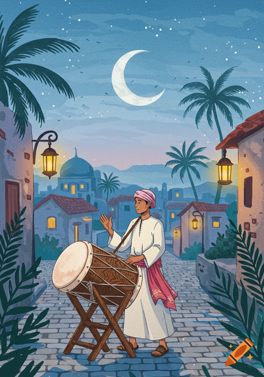 Man in traditional attire playing a large drum on a cobbled street at night under a crescent moon, surrounded by buildings and palm trees in an illustrative style.