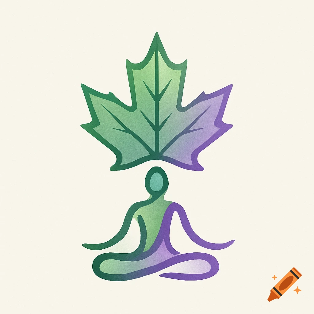 A stylized logo featuring a person in a yoga pose under a large maple leaf, in green and purple gradient colors.