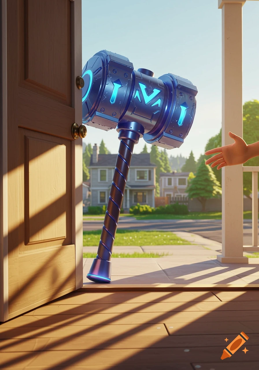 A huge blue glowing hammer stands on a doorstep next to an open door, with a hand reaching towards it. A suburban neighborhood is in the background.