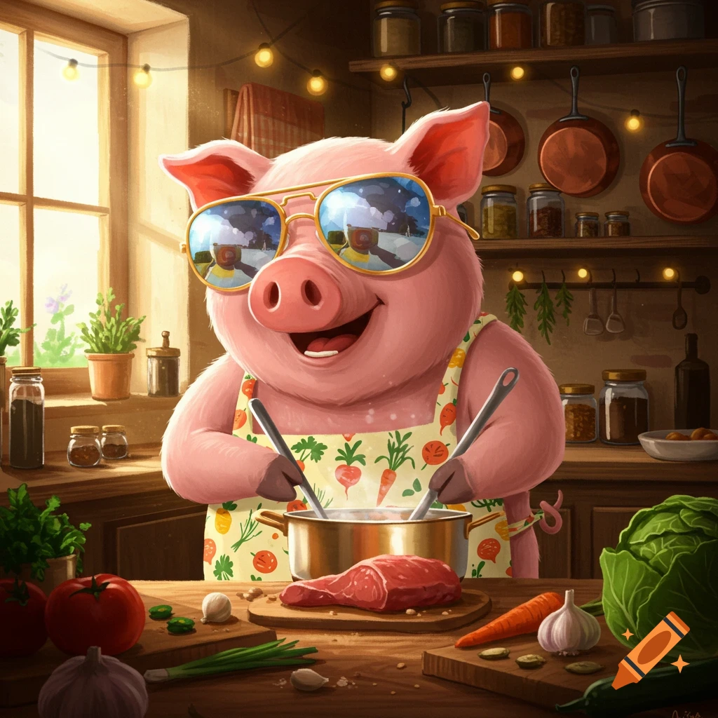 A cartoon pig wearing sunglasses and an apron cooks in a sunny kitchen, stirring a pot with vegetables and meat on the counter.