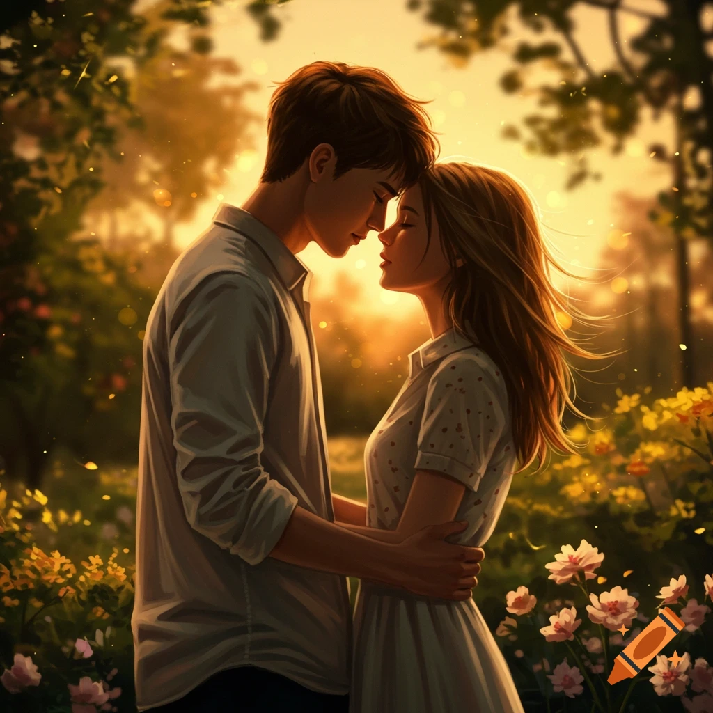 A semi-realistic digital painting depicts a young couple embracing in a park at sunset, bathed in warm golden light.