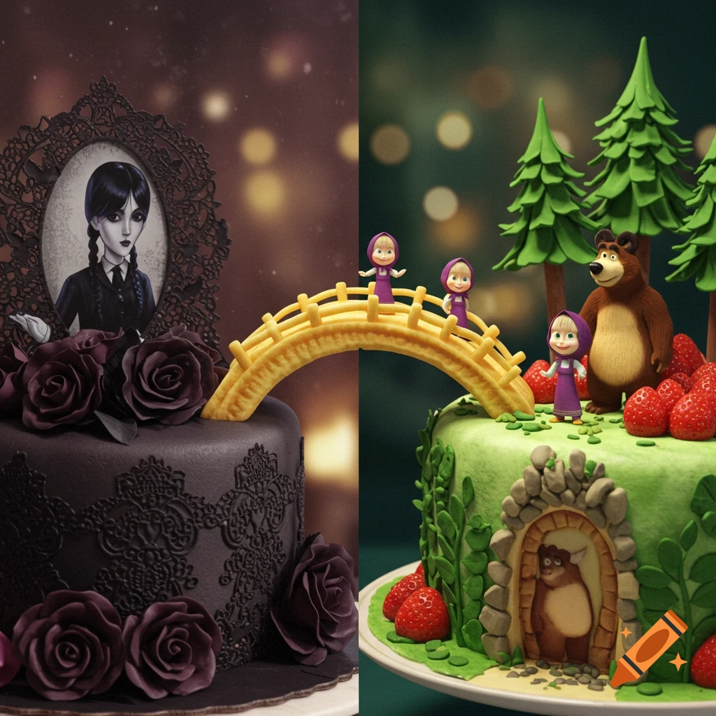 Two decorated cakes: one black gothic cake with Wednesday Addams and roses, connected by a bridge to a green forest cake with Masha, the Bear, and strawberries.