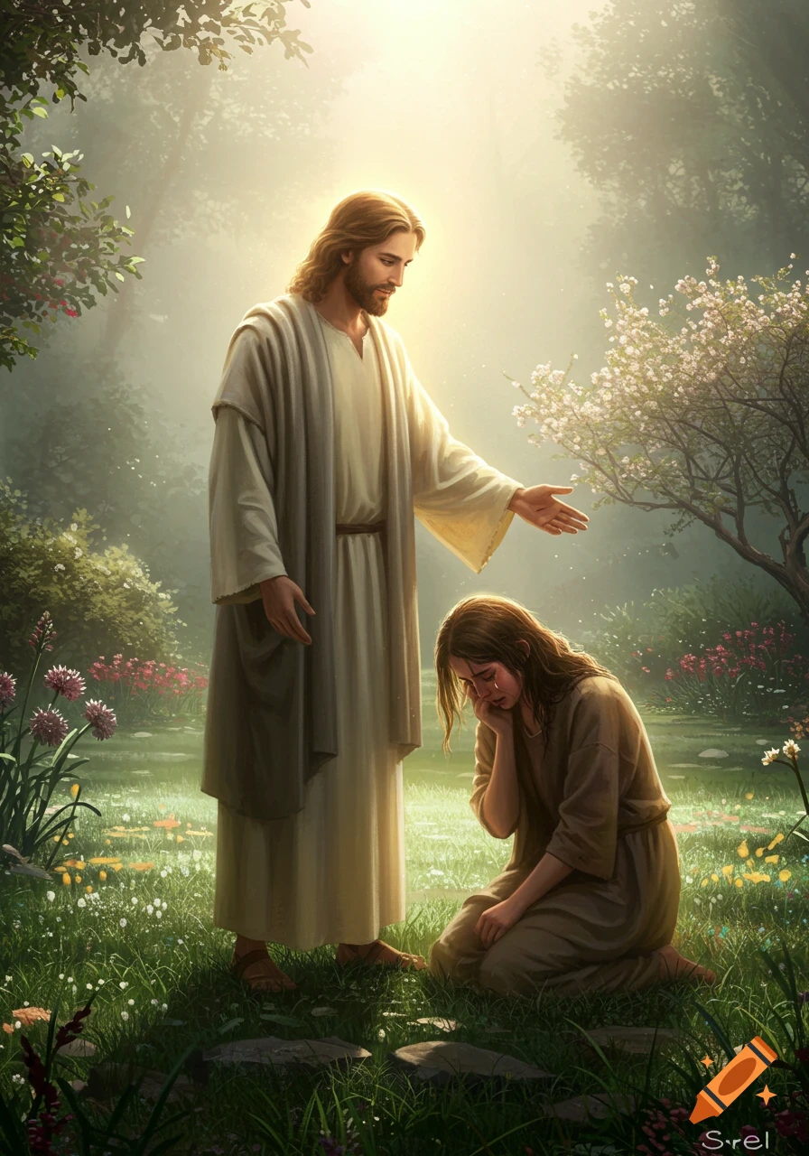 Jesus, glowing brightly, reaches out to a crying woman kneeling in a lush garden filled with flowers.