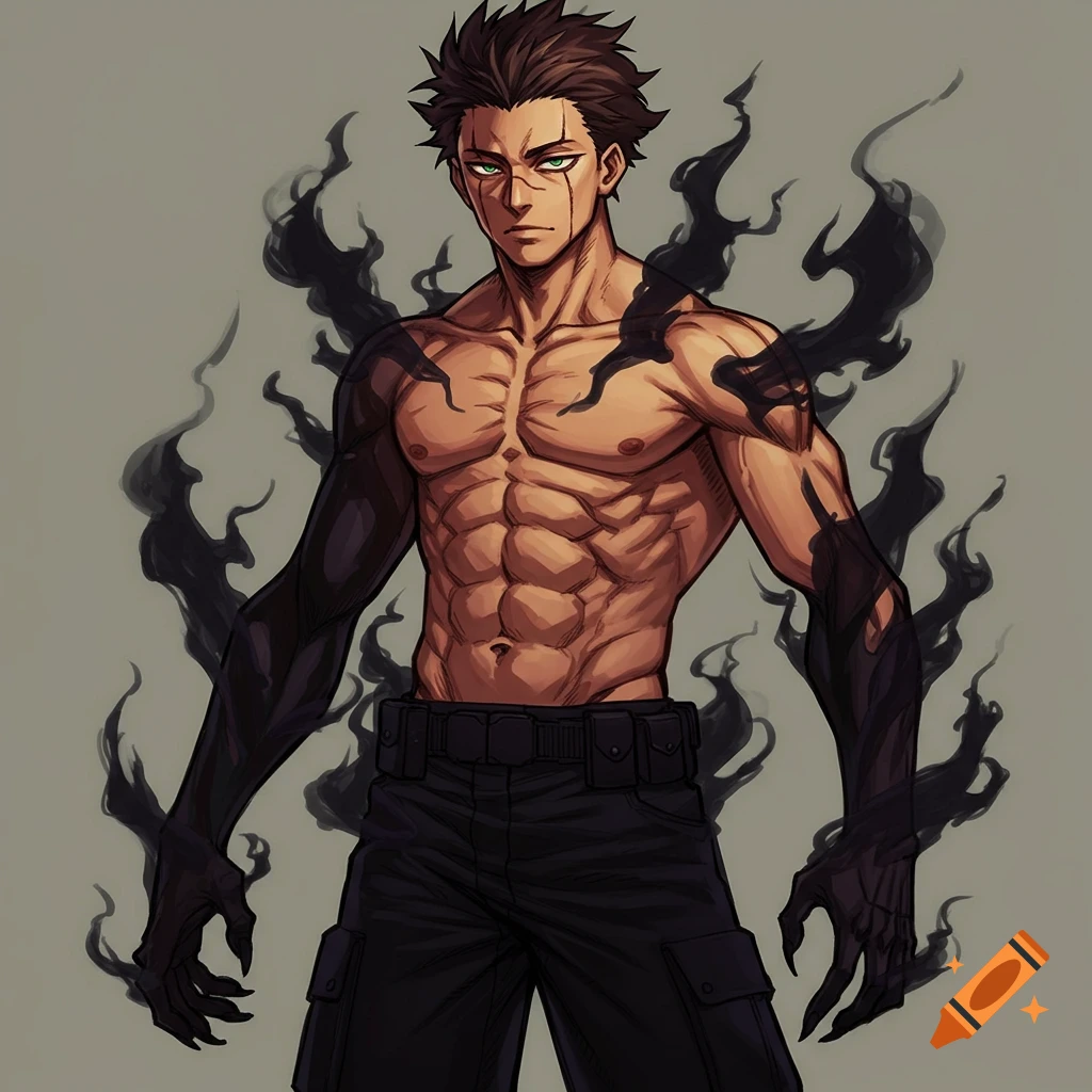 Muscular anime character with green eyes, dark hair, and black smoke emanating from his body and forming clawed hands.