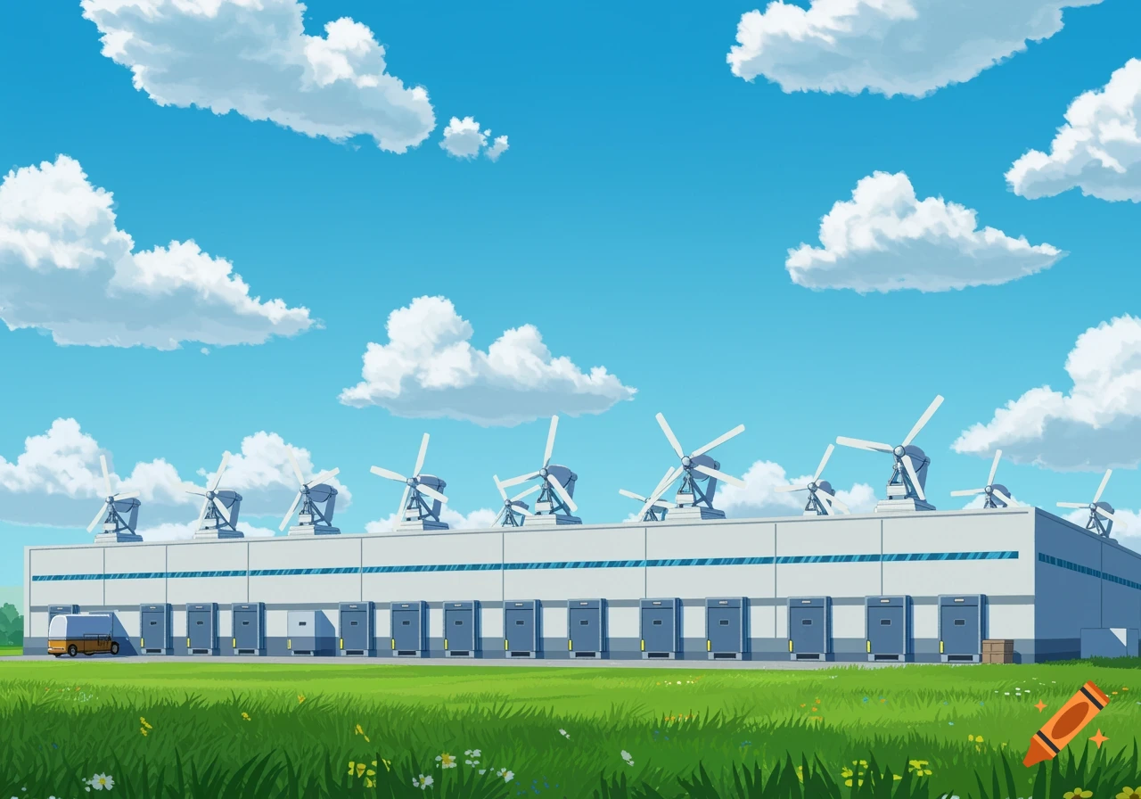 A cartoon image of a white distribution warehouse with many small wind turbines on its roof, surrounded by green grass under a bright blue sky with white clouds.
