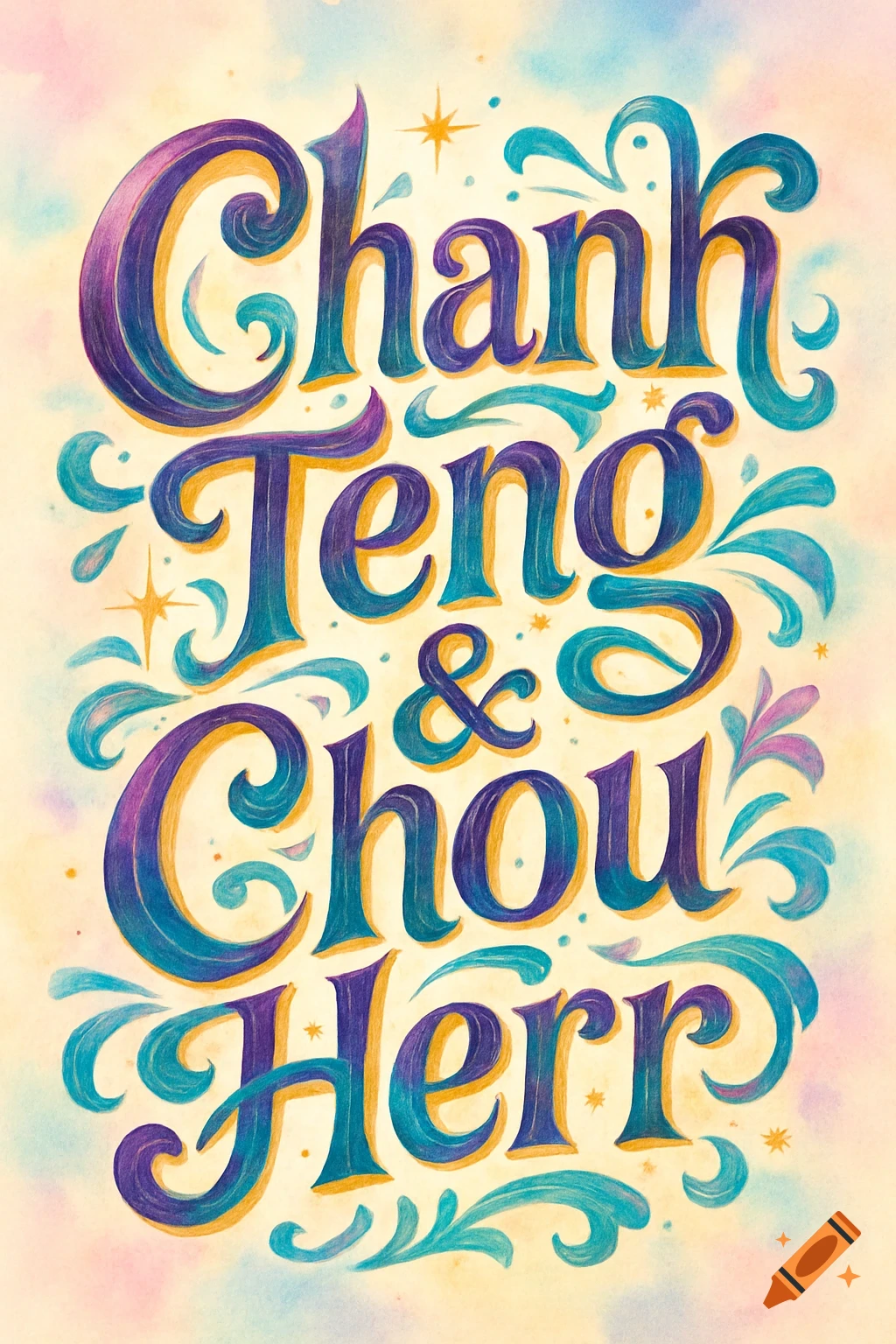 Colorful word art of 'Chanh Teng & Chou Herr' in a decorative, illustrative style.