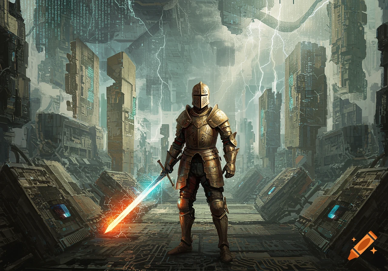 A knight in golden armor stands in a ruined, futuristic cityscape with glowing blue and orange lightning and falling code.