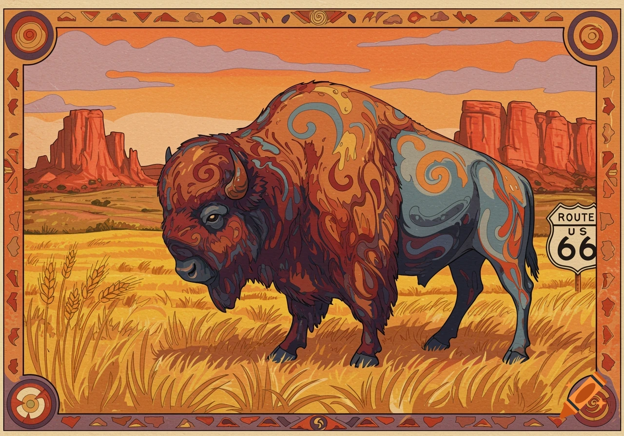 A stylized illustration of a bison with swirling patterns on its fur standing in a golden field under an orange sky, with mesas and a Route 66 sign in the background, framed by decorative borders.