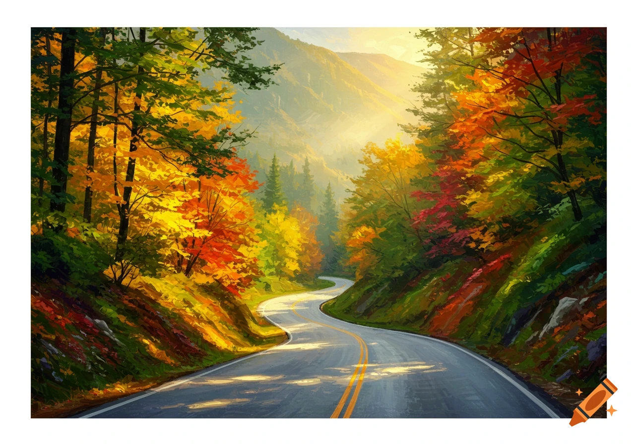 A winding road through a vibrant autumn forest with colorful trees and mountains, in an impressionistic painting style.