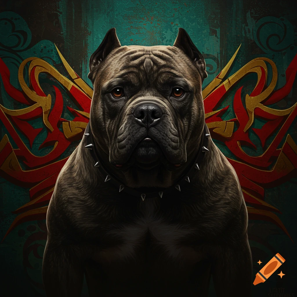 A close-up portrait of a dark brown bulldog wearing a spiked collar, against a teal background with red and gold graffiti art.