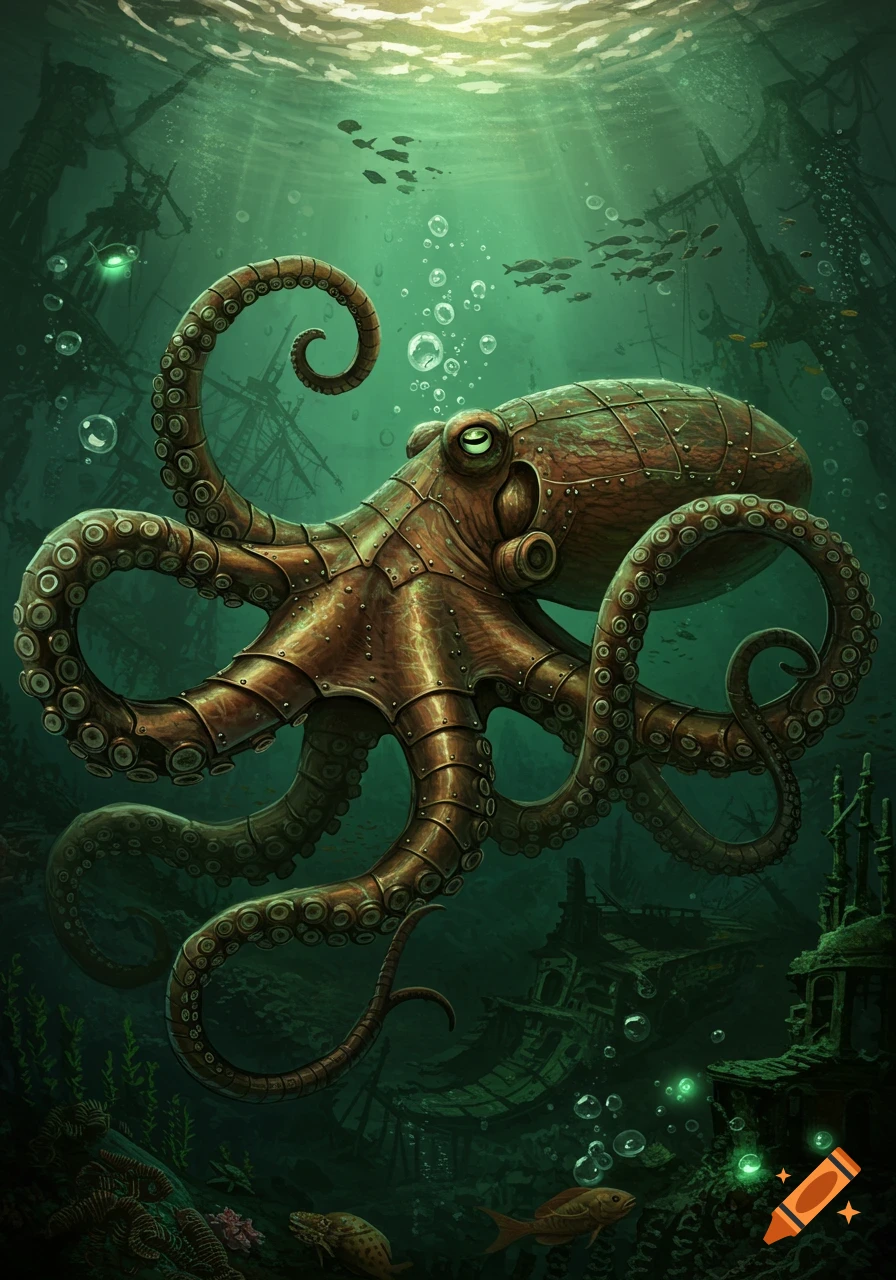 A steampunk octopus with metallic skin and rivets floats among sunken shipwrecks in a vibrant, sunlit underwater scene.