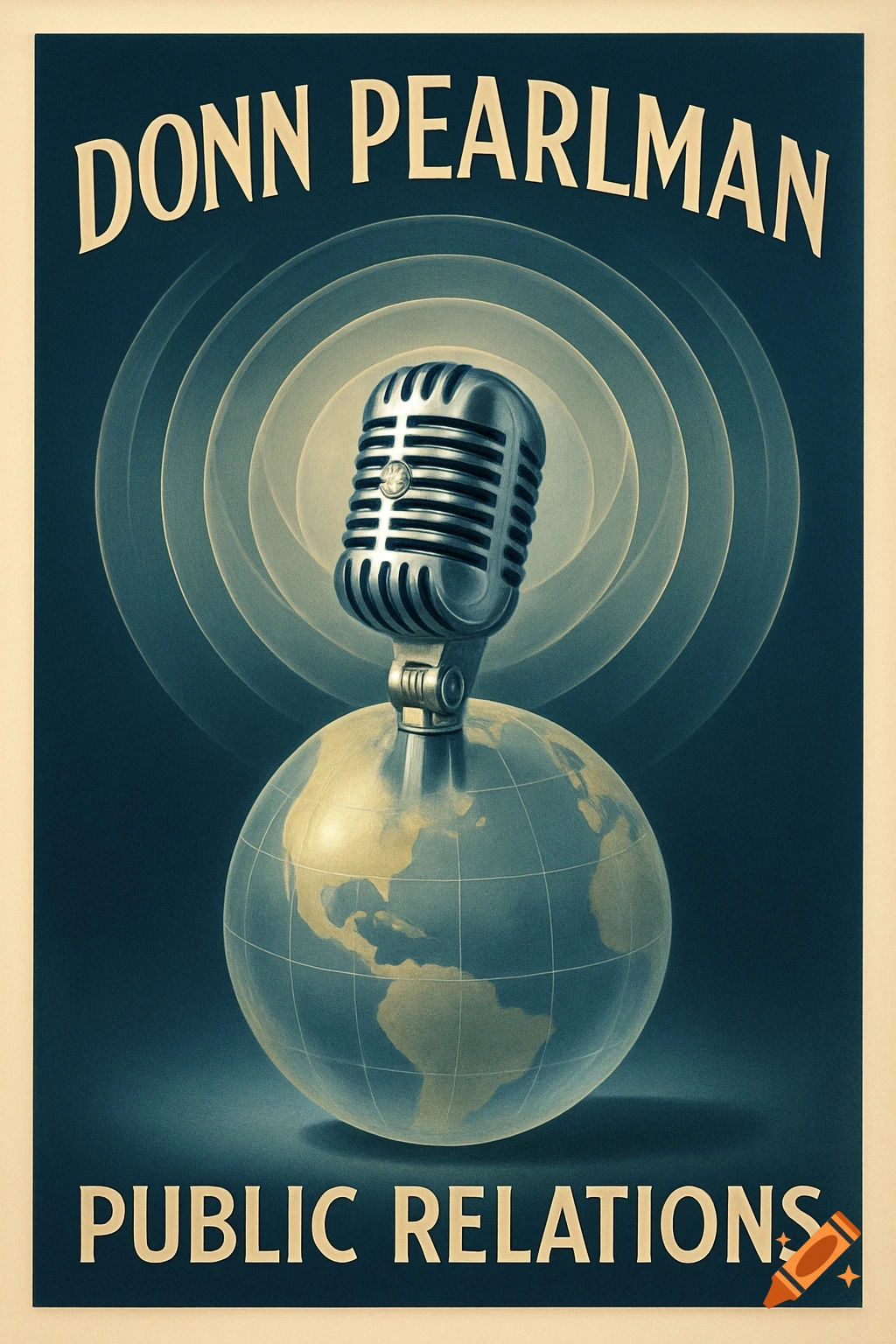 A vintage-style poster features a silver microphone on a globe, with the name "DONN PEARLMAN" at the top and "PUBLIC RELATIONS" at the bottom, against a dark blue background.