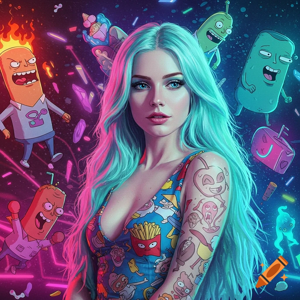 A woman with vibrant blue hair and tattoos, wearing a cartoon-themed top, surrounded by Aqua Teen Hunger Force characters in a neon space setting.