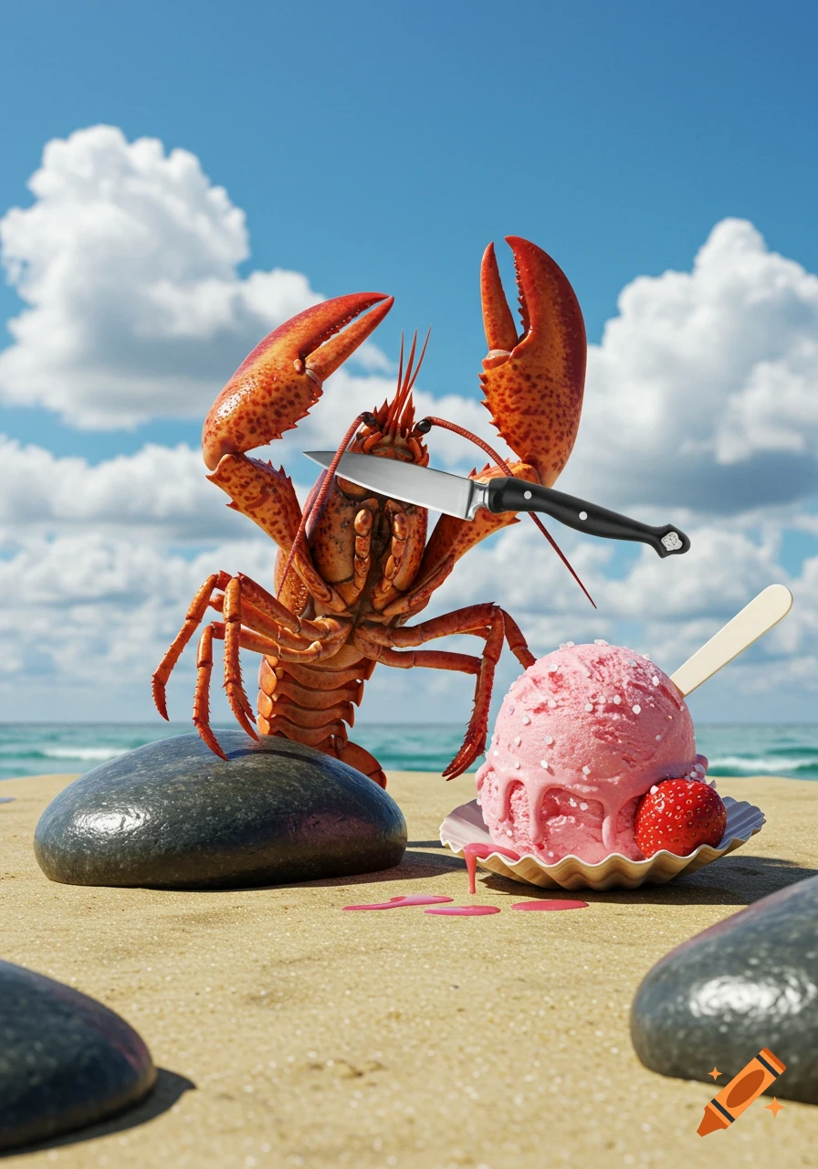 A photorealistic lobster holding a knife stands on a rock next to melting pink ice cream on a sandy beach.